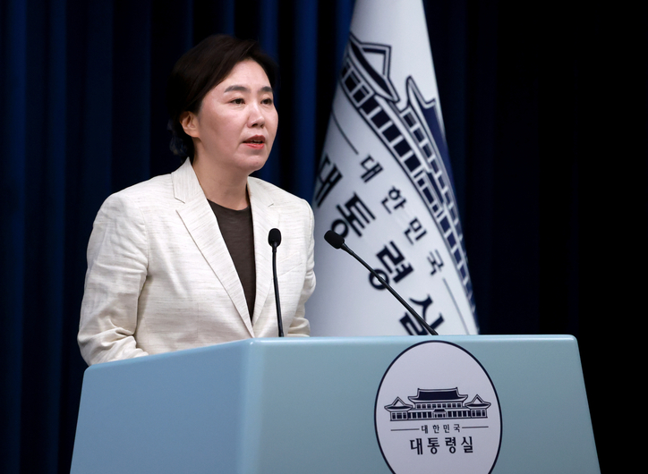 강유정 대통령실 대변인이 29일 서울 용산 대통령실 청사에서 국무회의 관련 브리핑을 하고 있다. / 연합뉴스