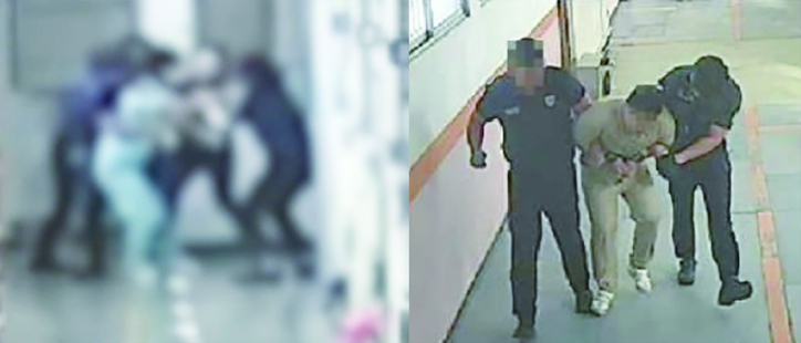 좌측 수형자가 교도관 폭행장면 (JTBC) , 오른쪽 교도관이 수형자 비녀 꺾기로 끌고 가는 장면(연합뉴스)